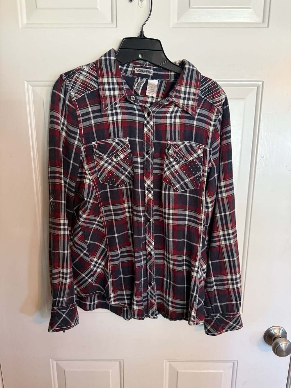 BKE Plaid Pearl Snap Western Shirt Size M Red Blue Long Sleeve
